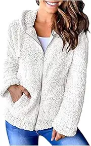 [Tophoopp] Sweaters for Women Oversized Fleece Coat Drawstring Fuzzy Full Zip Pullover Warm Hooded Sherpa Jacket with Pockets