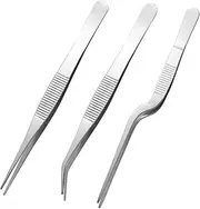 Stainless Steel Tweezers Set for Small Gardening and Kitchen, Multi-Purpose Tools Silver Tweezers (3Pcs, 6.22Inches / 6.33Inches / 6.4Inches)