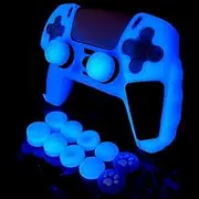 Glow in The Dark PS5 Controller Skin,Glitter Blue Anti Slip Soft Thicked Studded Silicone Cover Skins Compatible with PS5 Controller,Include 8 PCS Glitter Glow Thumb Grips and 2 Grips Caps.