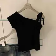 Short-Sleeve Cold Shoulder Plain T-Shirt Black - 2XL