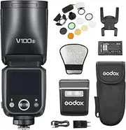 Godox V100S Camera Flash with AK-R1 Accessories Kit 2.4G Wireless 100Ws Round Head TTL Speedlite with Touch Screen, LED Modeling Lamp, Sub Flash, Lithium Battery Replacement for Sony
