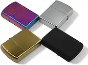4 Pack of Oil Lighters Metal Flip Top Windproof Fluid Refillable in Matte Black, Silver, Gold, and Rainbow