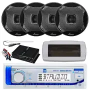 Dual Bluetooth Marine Radio,Cover, Antenna,Amp w/Kit, 4x 6.5" 450W Black Speaker