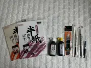 Daiso Caligraphy, Two Packs of Paper, Two Bottles of Paint + Painting Utensils