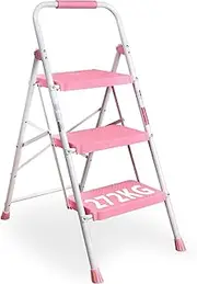 BONTEC 3 Step Ladder, Capacity 272KG with Wide Anti-Slip Pedals, Folding Steel Step Stool, Sponge Handlebar, Lightweight Portable Ladder Suitable for Home, Kitchen, Pantry, Indoor/Outdoor Use, Pink