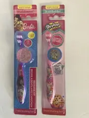 Barbie & Shopkins Toothbrush Set,Brush Buddies Pink /Blue Holographic Cap. New