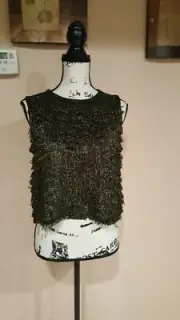 Topshop Gold Black Fringe Glitter Sleeveless Knit Tank Top Crop Size 8
