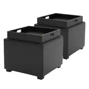 New Black Leather Storage Ottoman (Set of 2) with Tray 18" Square Side Table