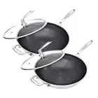 2x 34cm Stainless Tri-Ply Frying Fry Pan Non Stick Skillet Glass Lid w/ Handle