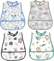 Baby Bibs for Eating, 4pcs Cartoon Printed EVA Infant Bibs with Pocket, Adjustable Baby Bib Smock for Toddler Infants
