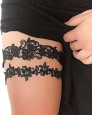 [Miskon] Lace Garter for Bride 2 Pieces Sexy Wedding Party Prom Legs Garter Set, Black#1, One size