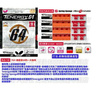 【大自在】BUTTERFLY 蝴蝶牌 TENERGY 64 桌球膠皮 面膠 桌皮 膠皮 速度 天能機 公司貨 T64