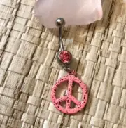 Pink Peace Sign Dangle Belly Button Ring 14 Gauge Surgical Steel New Navel Ring