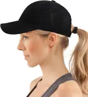 Women Ponytail Baseball Caps Mesh Quick Dry Hat with One Size, Black