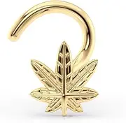 [Lavari Jewelers] 20 Gauge Leaf Shaped Curved Nose Stud for Women and Men - 14k Yellow Gold Nose Ring - Unisex Hypoallergenic Nostril Piercing Jewelry - 20G Body Piercing