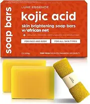 Premium Kojic Acid Soap 100g | Original Japanese Complex Kojic Soap Bars with Turmeric and Shea Butter | Skin Brightening | Reduces Appearance of Dark Spots | Exfoliating Cleanser | Deep Cleansing for Face and Body | Includes African Net | Pack of 2