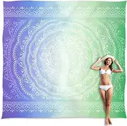 Sunlit 10'x9' Extra Large Boho Sand Proof Beach Blanket, Sand Proof Mat with Corner Pockets and Mesh Bag for Beach Party, Travel, Camping and Outdoor Music Festival, Blue Violet Sea Green Mandala