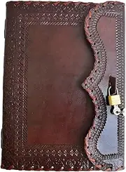 jaald 10" Leather Journal with lock Writing Pad Blank Notebook Handmade Notepad Men & Women Unlined Paper Best Present Art Sketchbook Travel Diary To Write Book Of Shadow Refillable Grimoire Maroon