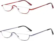 Half Reading Glasses - 2 Pairs Half Rim Metal Frame Glasses Spring Hinge Readers with Leather Pouch for Men and Women