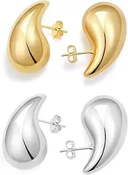 [VULETO] 2 Pairs Earrings Dupes Chunky Gold Hoop Earrings for Women Girls,18k Gold Lightweight Hollow Open Hoops Waterdrop Teardrop Earrings Tear Drop Earrings Dupes Fashion Jewelry Gift