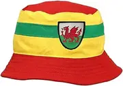 [Beyond Happy] Wales Bucket Hat - Traditional Welsh Dragon Red Yellow Green Heavy Duty Sun Hat - (Cotton, Unisex Design Football & Rugby Support), Small Green Stripe, One size