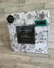 New Cynthia Rowley Purple Grey Floral Flowers 6 Piece King Microfiber Sheet Set