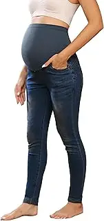 [Maacie] Maternity Trousers Long Elastic Jeans for Pregnancy Comfortable Jeans Spring Summer, Dark Denim Blue with Rolled Hems, XXL