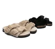 AUSTRALIAN SHEPHERD® UGG Women Adjustable Buckle Fluffy Sandal Slides Myla - Black / AU Ladies 8 / AU Men 6 / EU 39
