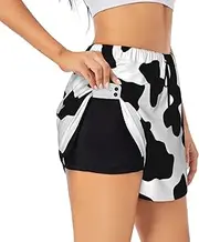 [WURTON] Black and White Cow Print Print Exercise Gym Workout Shorts Women's Athletic Shorts Dual-Layered Yoga Running Shorts
