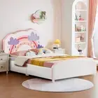 HONEY JOY Single Bed Frames for Kids, Wood Upholstered Twin Bed Platform with Sl
