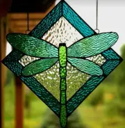 TURQUOISE AQUA DRAGONFLY Authentic STAINED GLASS DRAGONFLY Suncatcher Art Panel