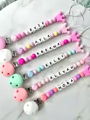 Personalised Beaded Dummy Clip, Silicone Baby Soother, Coloured Dummy Chain
