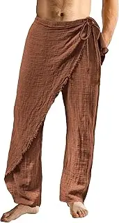 [JEShifangjiusu] Men's Solid Cotton Beach Wrap Pants Patchwork Beach Yoga Pant with Side Drawstring Loose Casual Trousers
