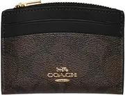 [Coach] Women's Brown, Black Signature Shaped Card Case, 4 Card Slots, Zippered Compartment, 4" L x 3" H