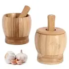 Bamboo Mortar Pestle Garlic Pepper Herbs Spice Grinder Crusher w/ Lid Spoon Set