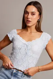 Blue Textured Top Short Sleeve - Size XS, Women's Top