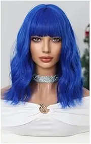 10 Inch Bob Wig With Bangs Short Wigs For Women Loose Wavy Synthetic Hair Girl Cosplay(Blue)
