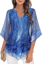 [ACDAY] Womens Blouses Ruffle 3/4 Sleeve Dressy Tops V Neck Chiffon Tunic Tops Double Layers Flowy Mesh Shirts