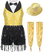 [RUNQHUI] Sparkly Tuxedo Bodysuit Latin Dance Outfits for Girls Tassels Fringe Leotard with Gloves Hat Set Yellow 14 Years