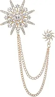 [Ancnoz] Star Snowflake Lapel Pin Stud Brooch with Hanging Long Tassel Chain Bling Bling Decorative Tie Hat Shirt Suit Accessories for Men Women