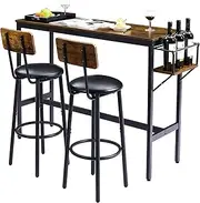 Tatub Bar Table and Chairs Set of 2, Industrial Sofa Table with Stools, 3 Piece Counter Height Small Dining Table Set for 2, Pub Table and Chairs Set of 2, Collapsible Wines Holder, Brown