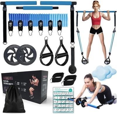 Pilates Bar Kit with 180LBS Resistance Bands(20,30,40 LB),21PCS Pilates