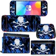 RUOKIP Black Skin Protective Film Sticker for Nintendo OLED, Console & Joy-Con Controller & Dock Protection Kit, Gaming Protective Accessories(Blue Skull)