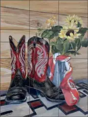 Southwest Tile Backsplash Ceramic Mural Hughbanks Western Boots Art DHA071