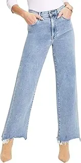 [ZPLxi] Women's High Waist Straight Jean Baggy Wide Leg Flare Irregularity Bootcut Jeans Casual Button Slant Pockets Denim Pants