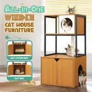 All In One Cat Tree Litter Box Enclosure Condo Scratching Post Climber Tower Kitty Play Gym House Pet Furniture Bed Perch Entrance Cabin Toilet Washroom