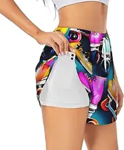 [WURTON] Colorful Roller Skates Print Exercise Gym Workout Shorts Women's Athletic Shorts Dual-Layered Yoga Running Shorts