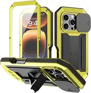Jarttarn Shockproof Case Compatible with iPhone 16 Pro Max, with Invisible Bracket and High-Definition Screen Protector, Lens Sliding Window Anti Drop Shell Cover for iPhone 16 Pro Max (Yellow)