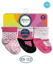Jefferies Pink & Black T-Strap Non Skid Socks 3 Pack Infant Shoe Size 1-4