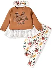 [HIHA] Toddler Little Girls Thanksgiving Christmas Outfit Letter Print Long Sleee Dress Tops Pants Set 3 Piece Clothing
